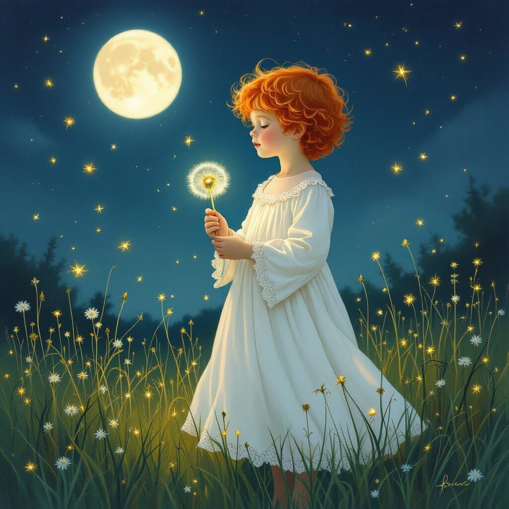 Boy with Red Hair in Moonlit Meadow, Ethereal Style