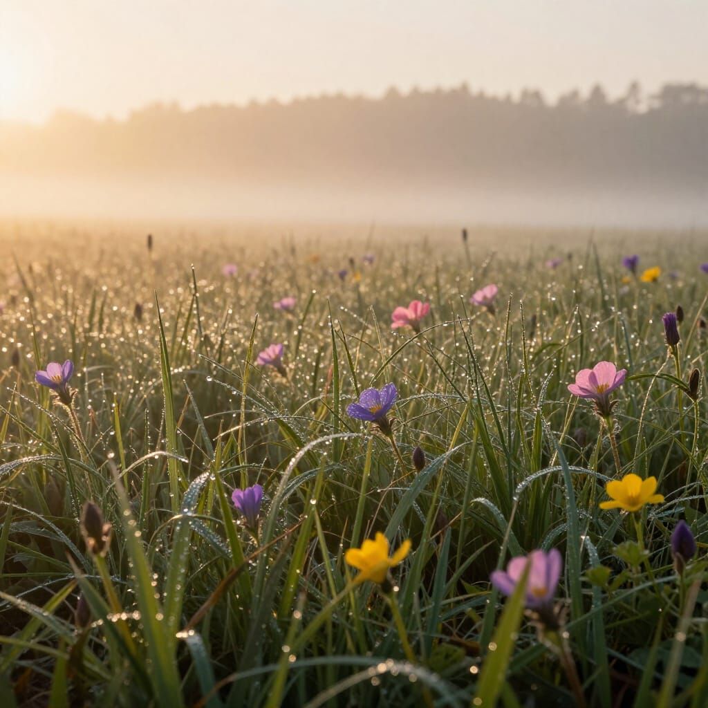 Vibrant Sunrise Over Misty Meadow with Wildflowers