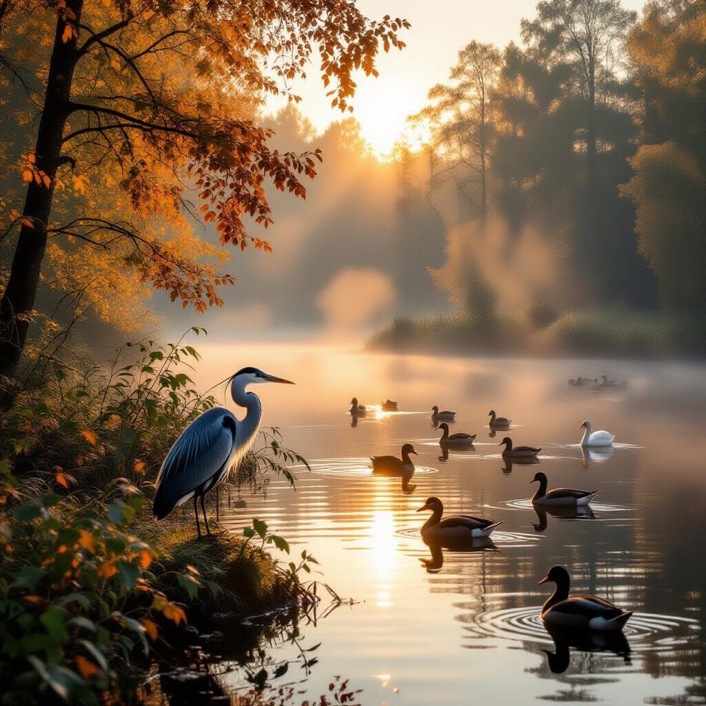 Misty Autumn Forest Morning with Heron at Dawn