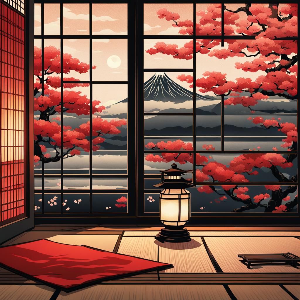 Ukiyo-e Japanese Art with Cherry Blossoms