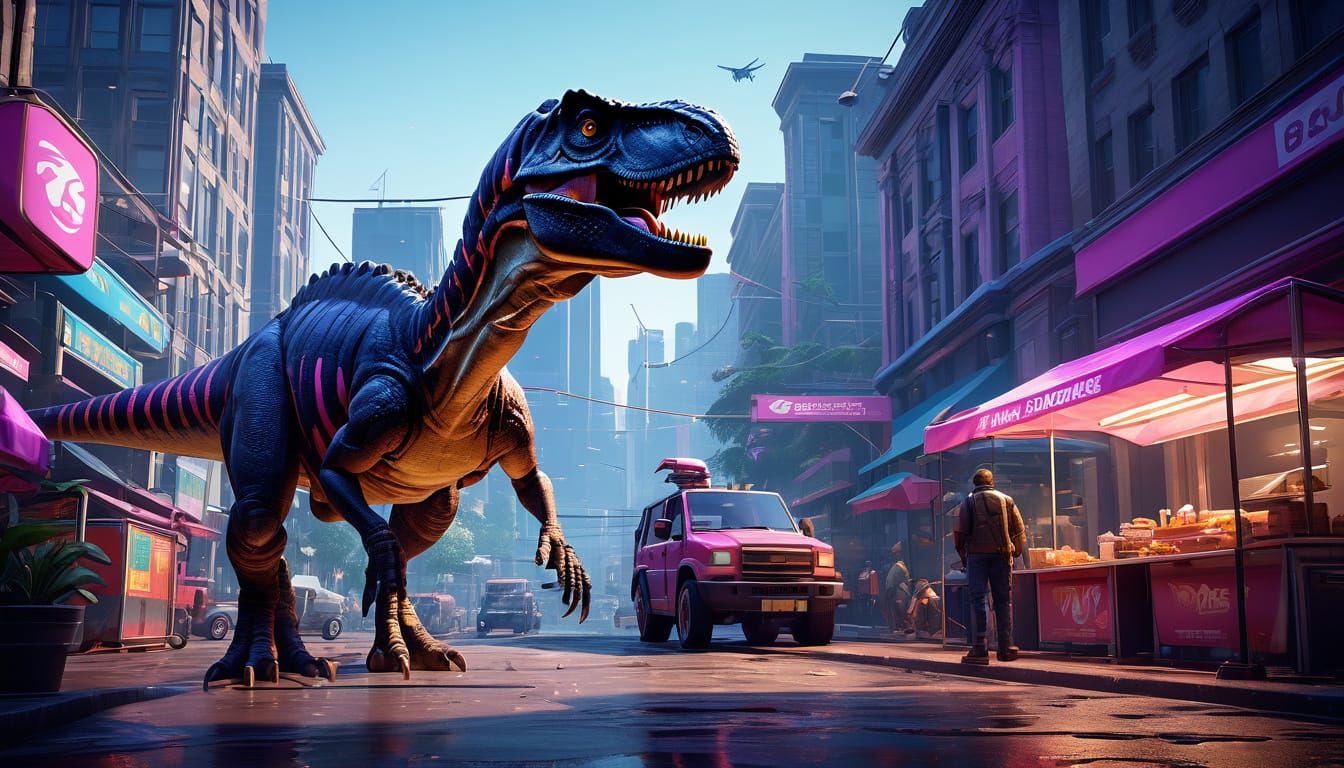 Dinosaurs Roam a Modern City in a 3D Game Aesthetic
