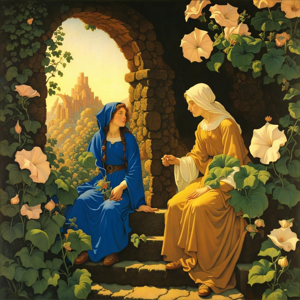 Medieval Women Amongst Morning Glories in Anime Style