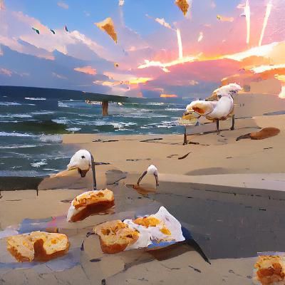Seagulls Enjoying Bread by the Seashore at Sunset