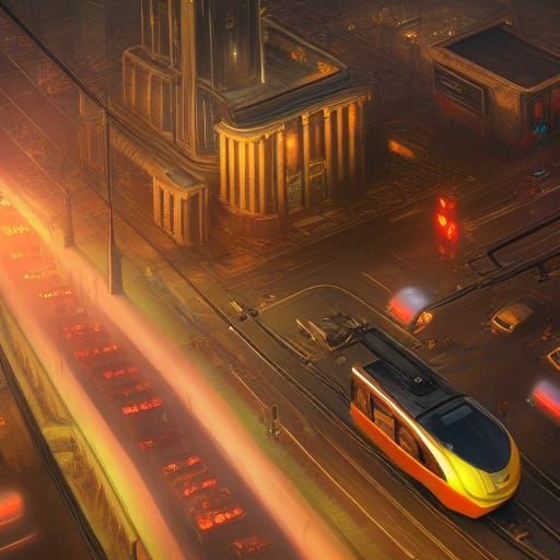 Dystopian Cityscape with Tram in Detailed Matte Painting
