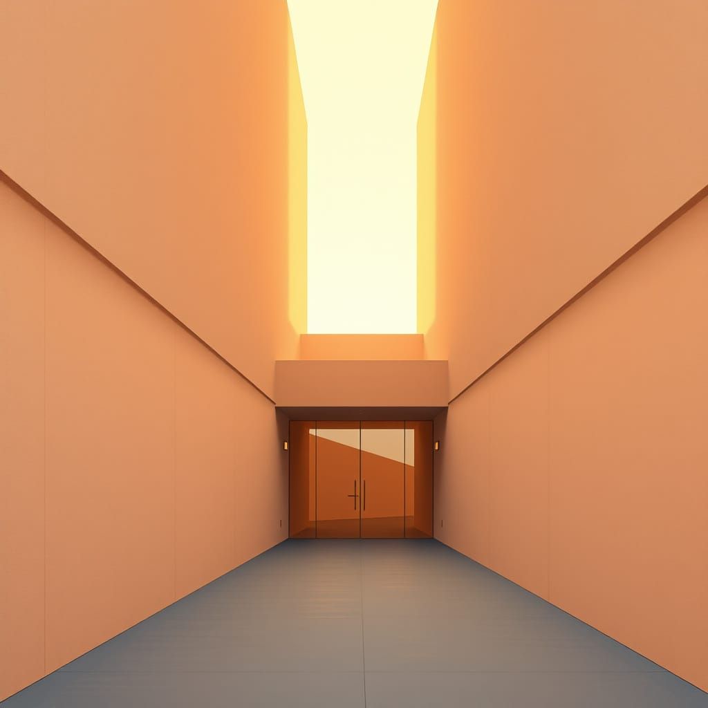 Minimalist Architecture in Golden Light: Mid-Century Oil Pai...