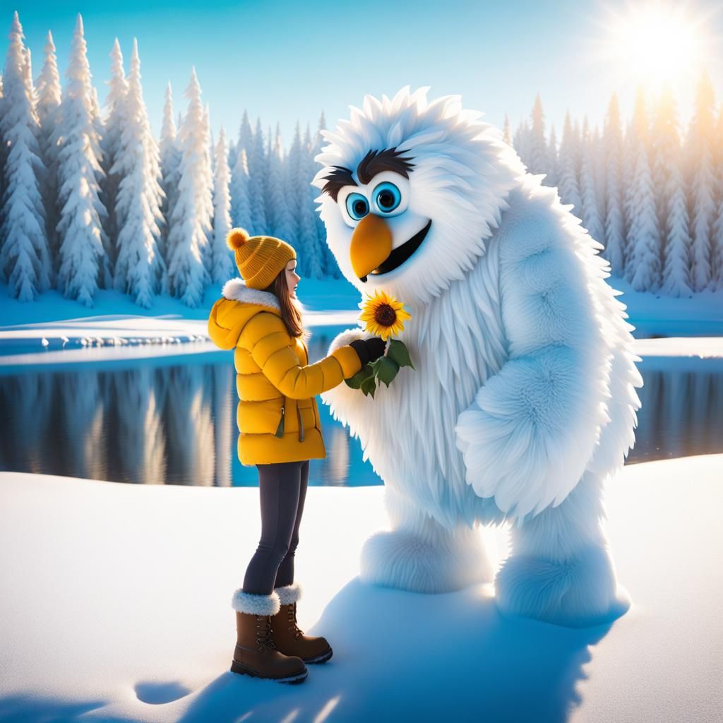 Girl Offers Sunflower to Abominable Snowmonster