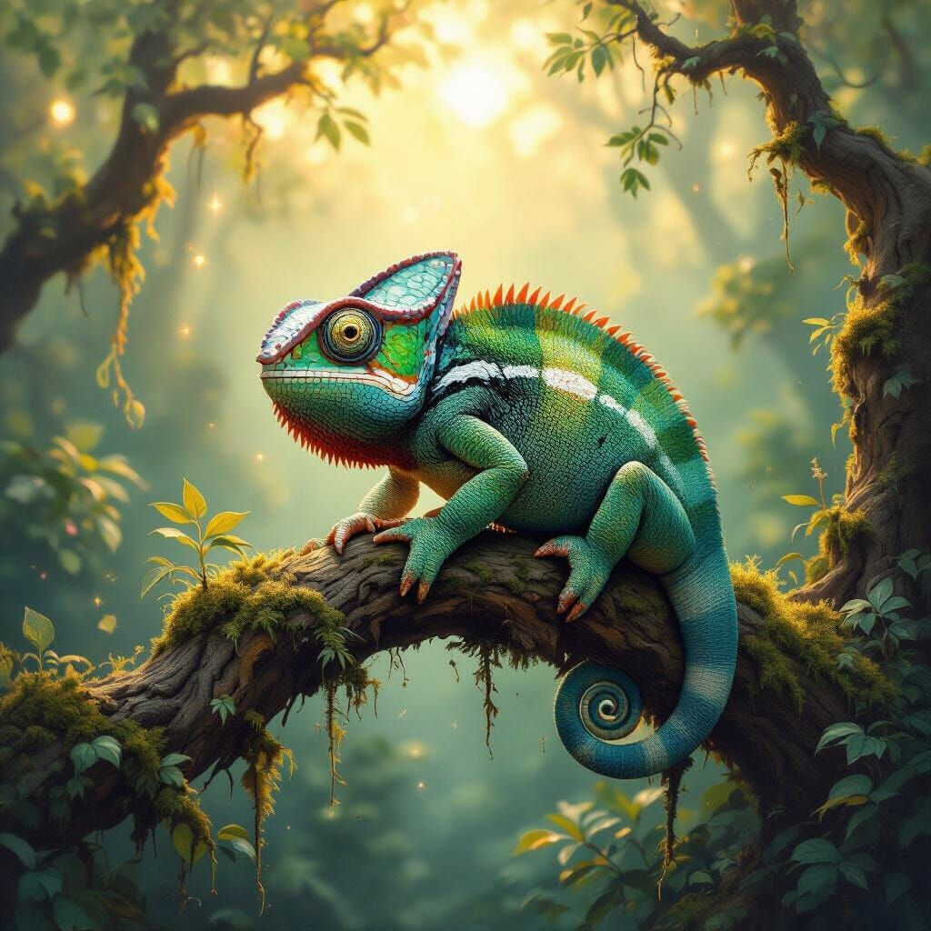 Vintage Chameleon in Enchanted Forest, Impasto Style