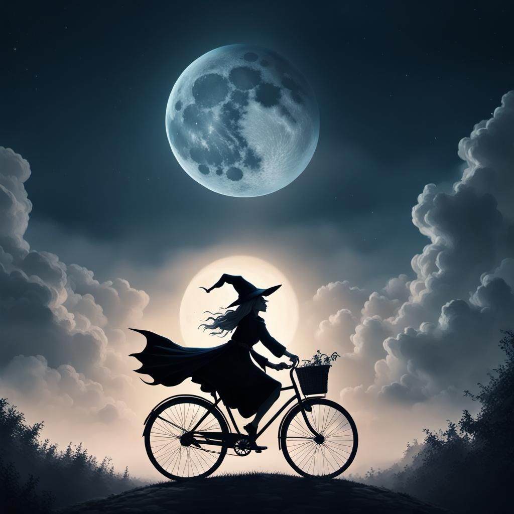 Witch on Bicycle Silhouette in the Night Sky