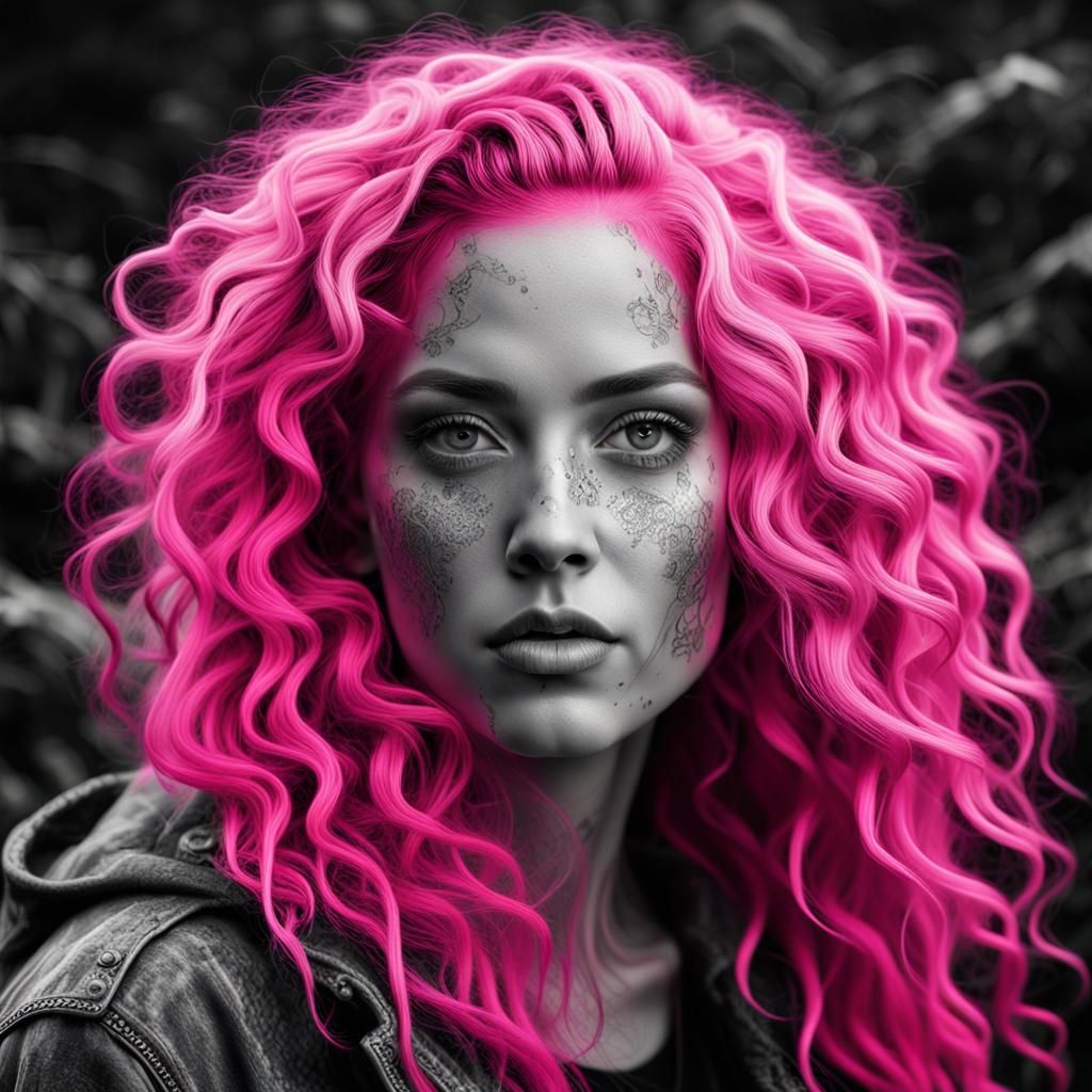 Neon Pink Hair Portrait in Black and White