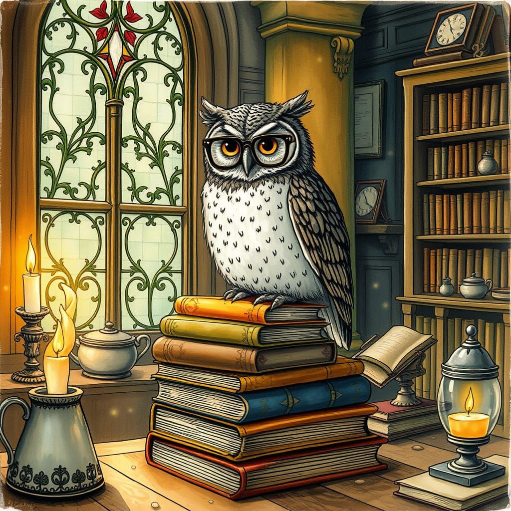 Whimsical Owl in Library, Vintage Illustration