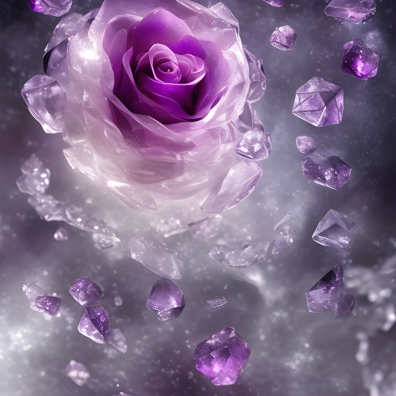 Purple Amethyst Crystal Rose with Iridescent Bubbles