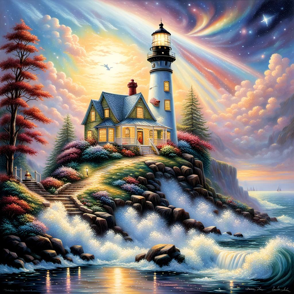 Cosmic Serenade: Lighthouse in Sparkling Sky