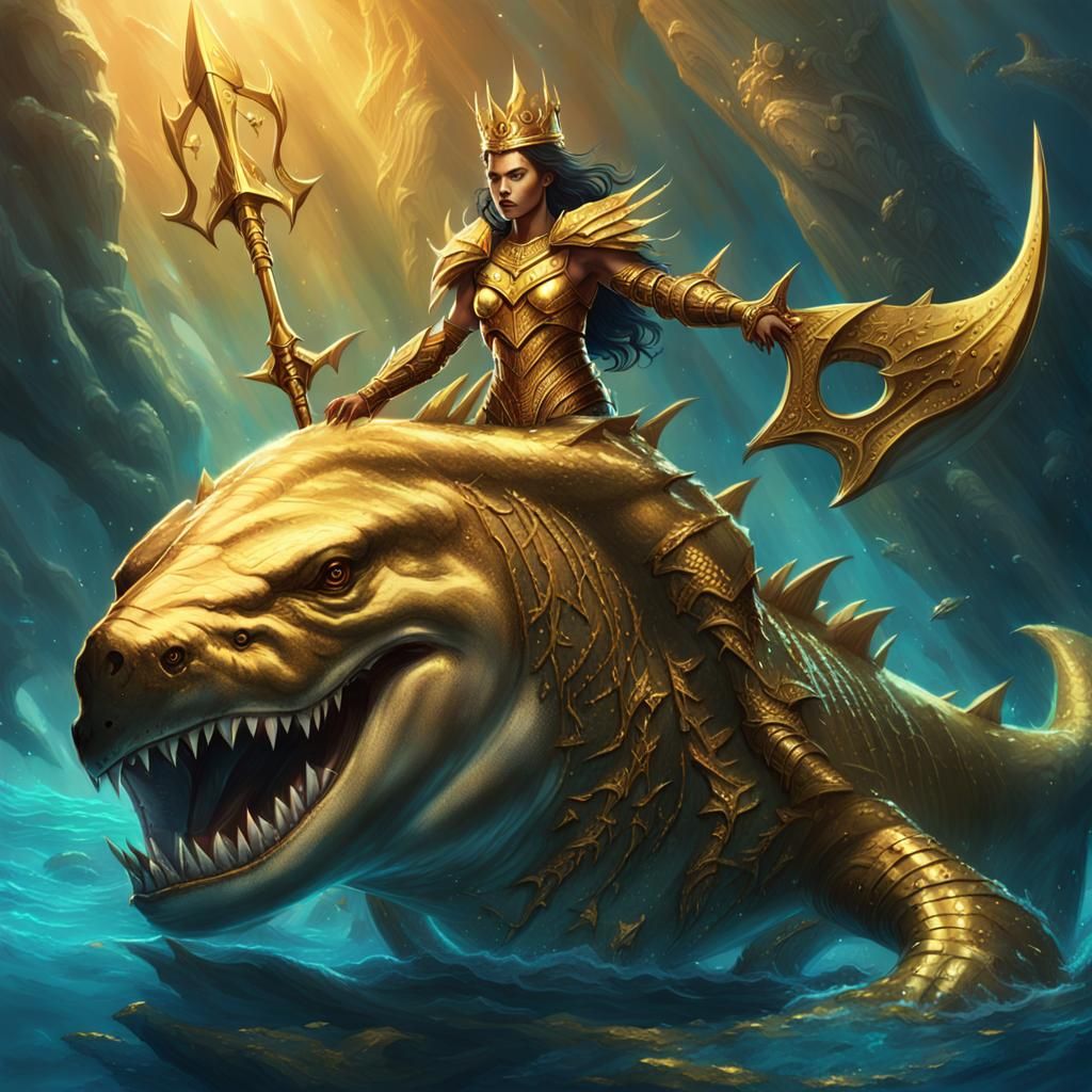 Warrior Princess on Megalodon in Dark Fantasy Style