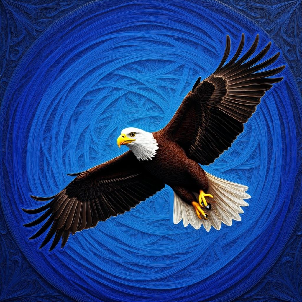 Eagle in Flight: Scratch Art Texture on Blue