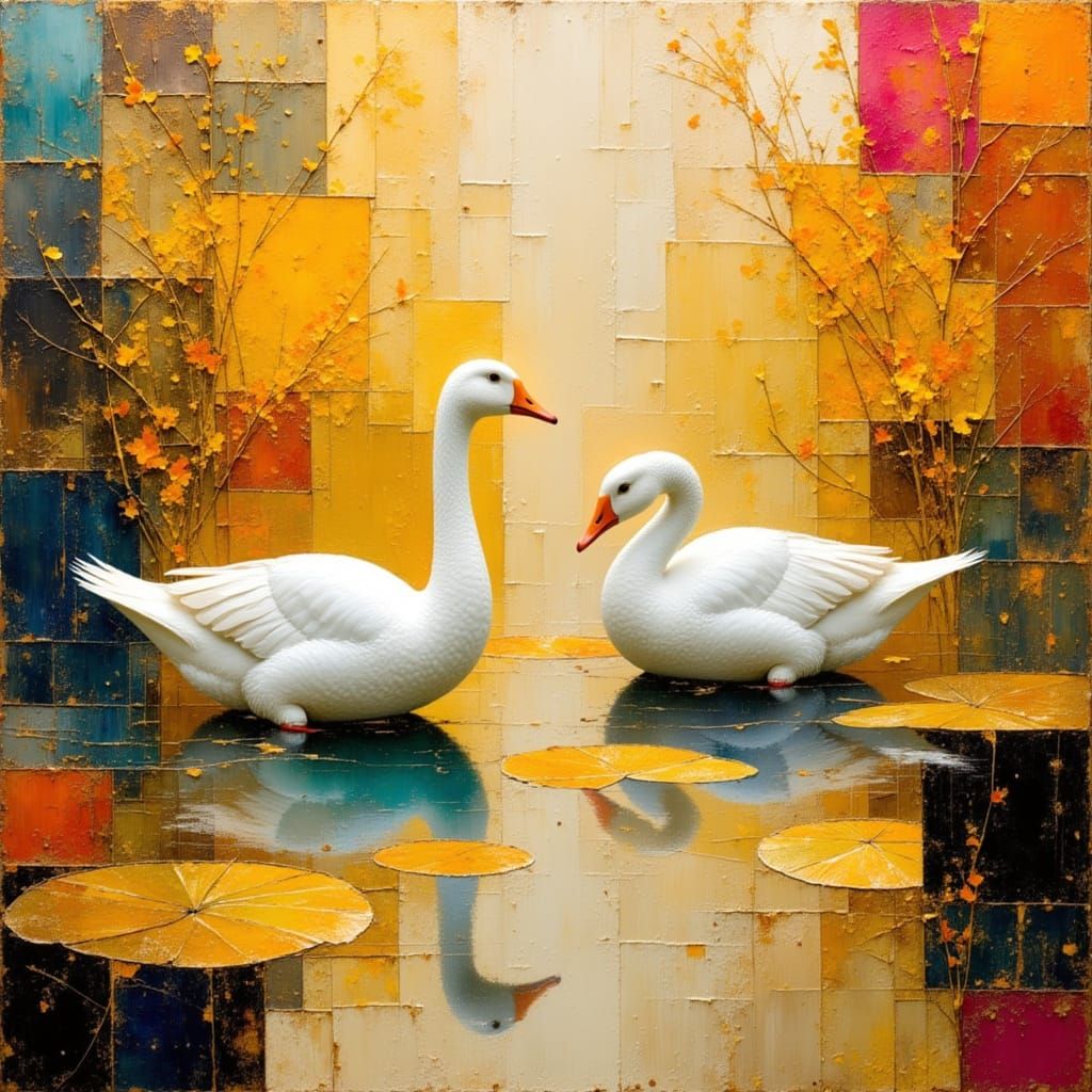 Geese in Golden Pond: A Vibrant Collage