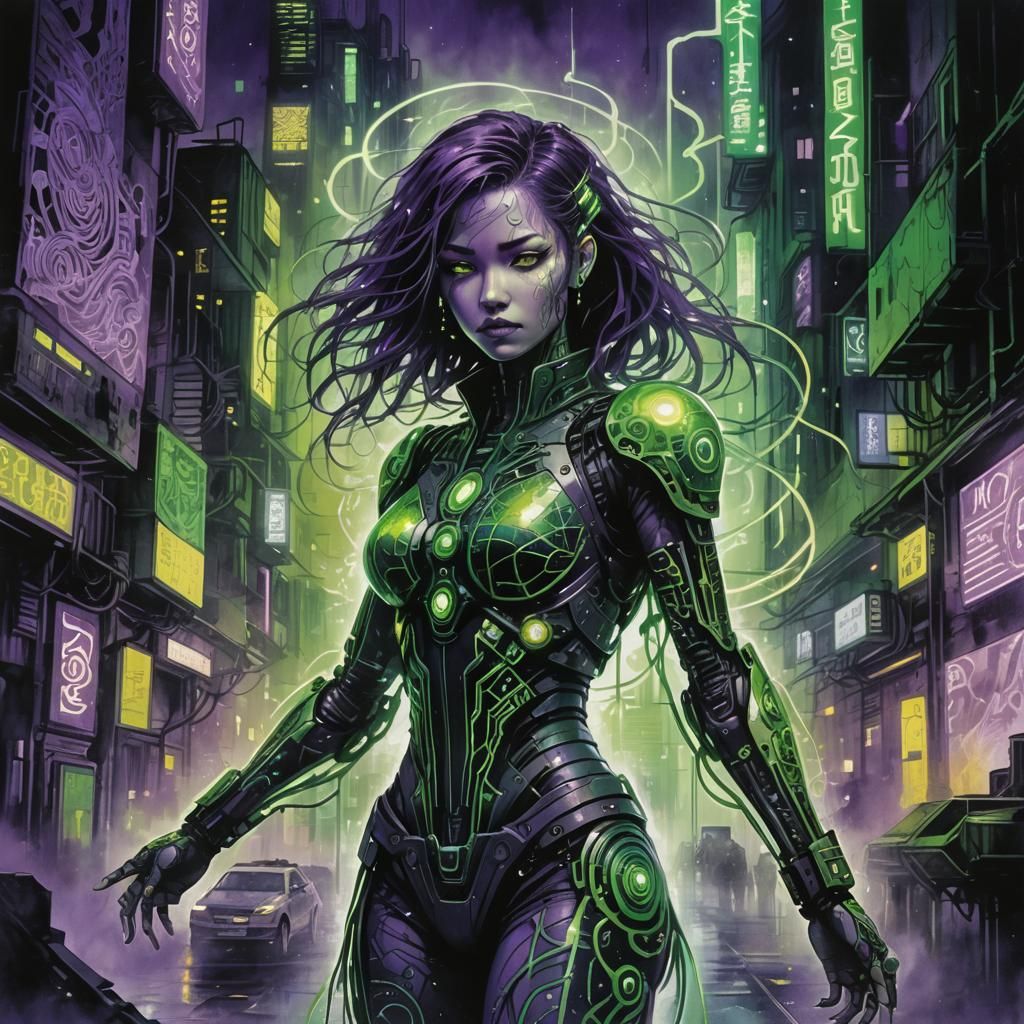 Cyborg Woman in Cyberpunk Neon Ink Wash Painting