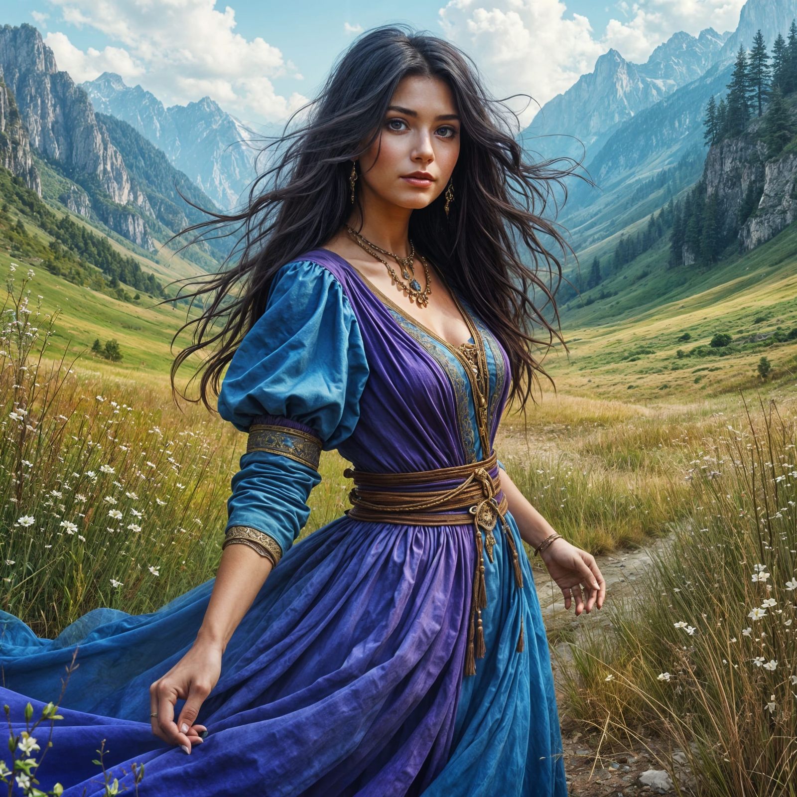 Bard Wandering Arvalae Hills in Blue and Purple Dress