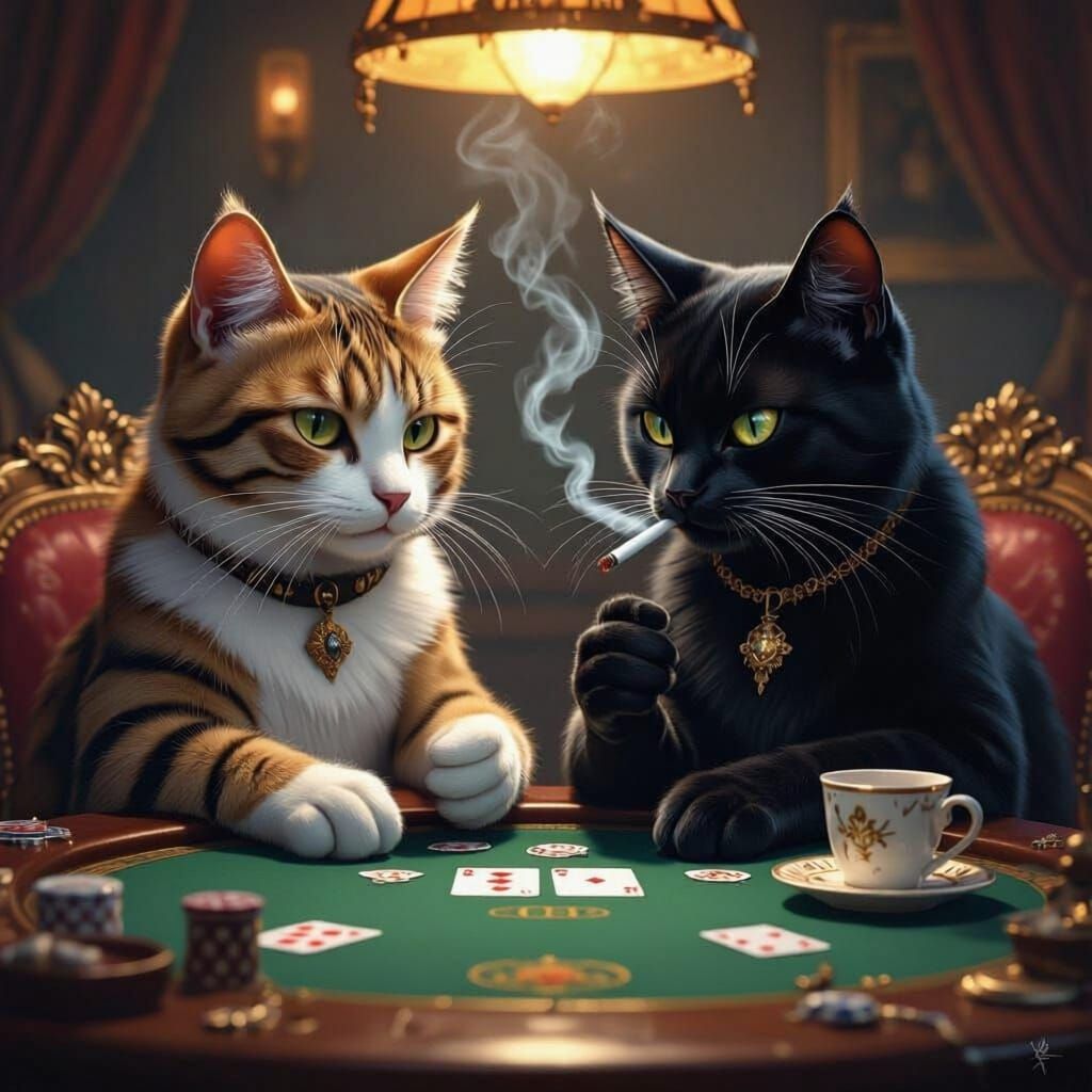Cats Play Poker While Drinking Coffee and Smoking