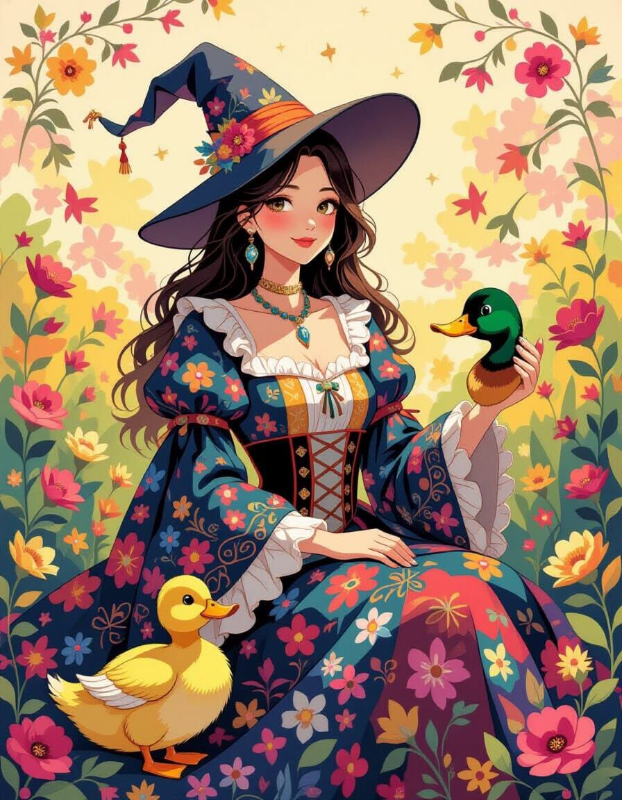 Patchwork Witches Portrait in Floral Dress, Cozy Atmosphere