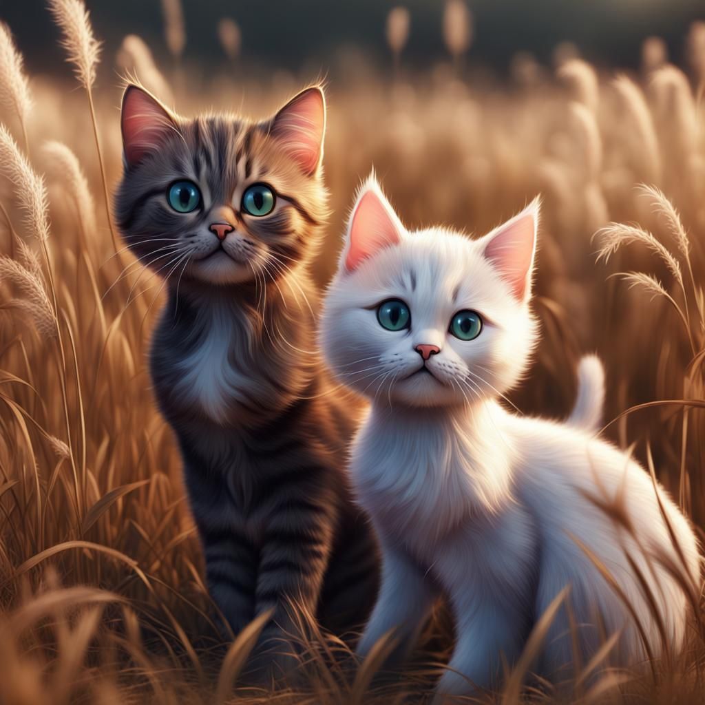 Cute Cats in Grassy Field: Fantasy Concept Art