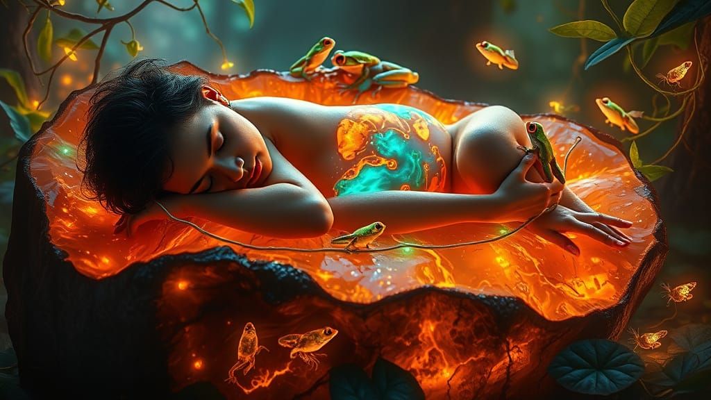 Dreamy Geode Nap with Glowing Jungle Life