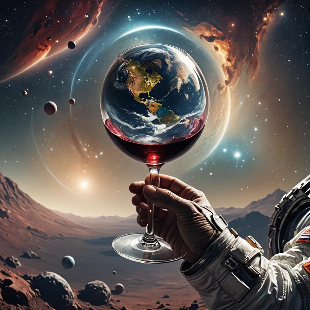 Astronaut with Earth and Wine Glass in Space