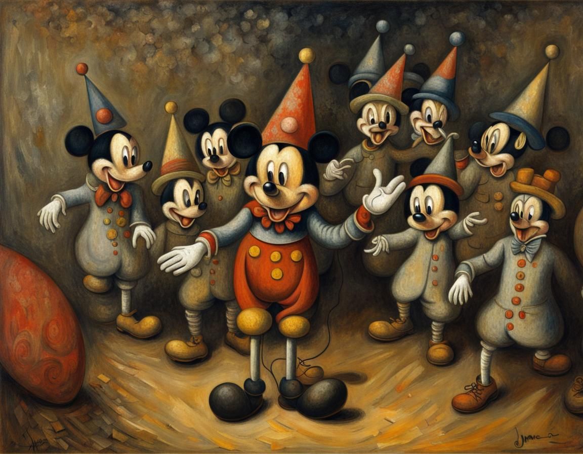 Mickey Mouse Attacked by Clowns: Surreal Oil Painting
