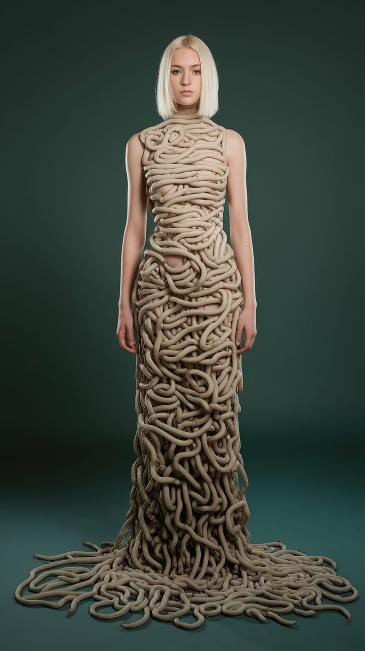 Biopunk Fashion: Woman in Tapeworm Dress