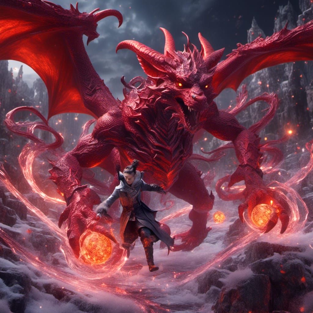 Mephistopheles tiefling fleeing from a red dragon in the Nine Hells