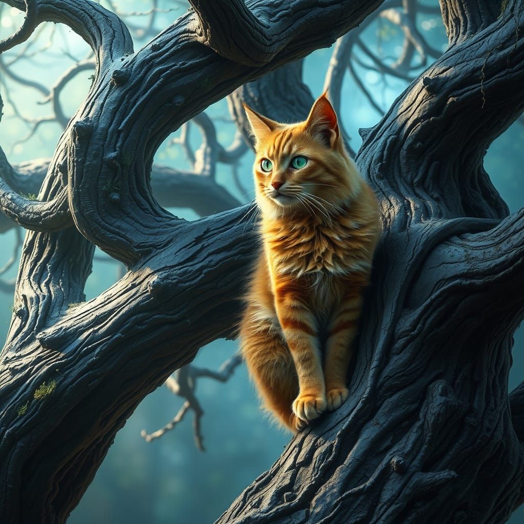 Majestic Cat in Ancient Tree, Softly Illuminated