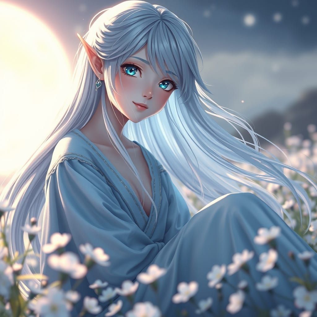 Ethereal Goddess in Moonlit Field of Silver Blooms