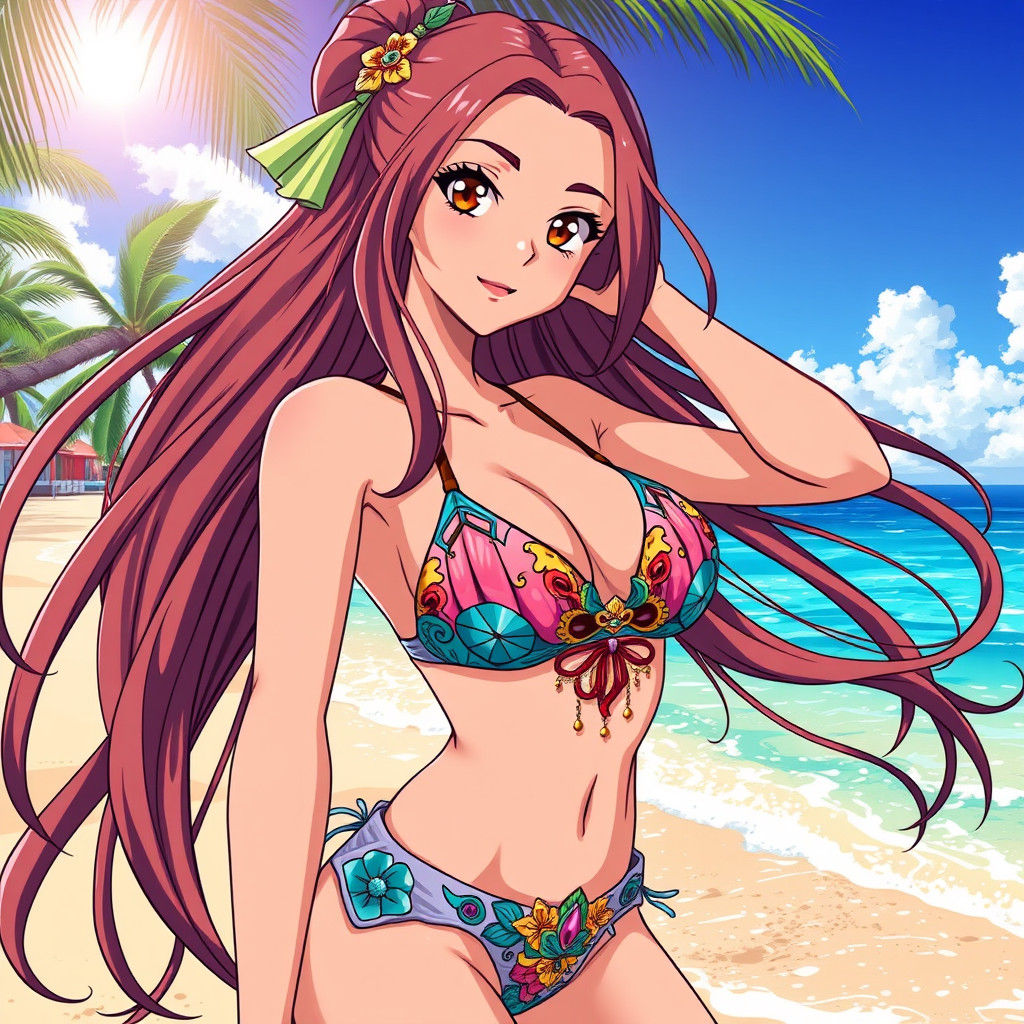 Anime Woman on Beach in Vibrant Style