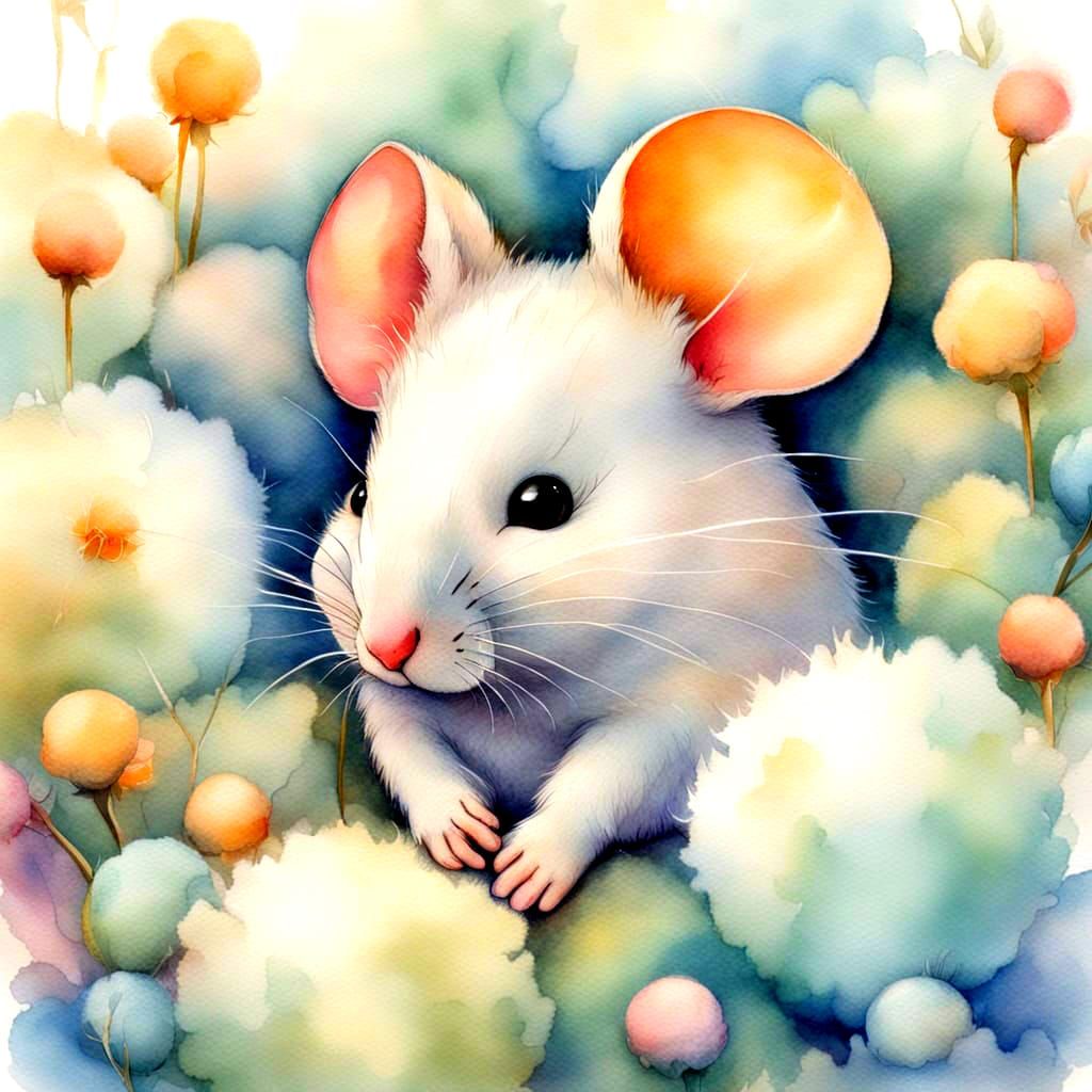 Mouse in Cotton Wool: Soft Watercolor Illustration