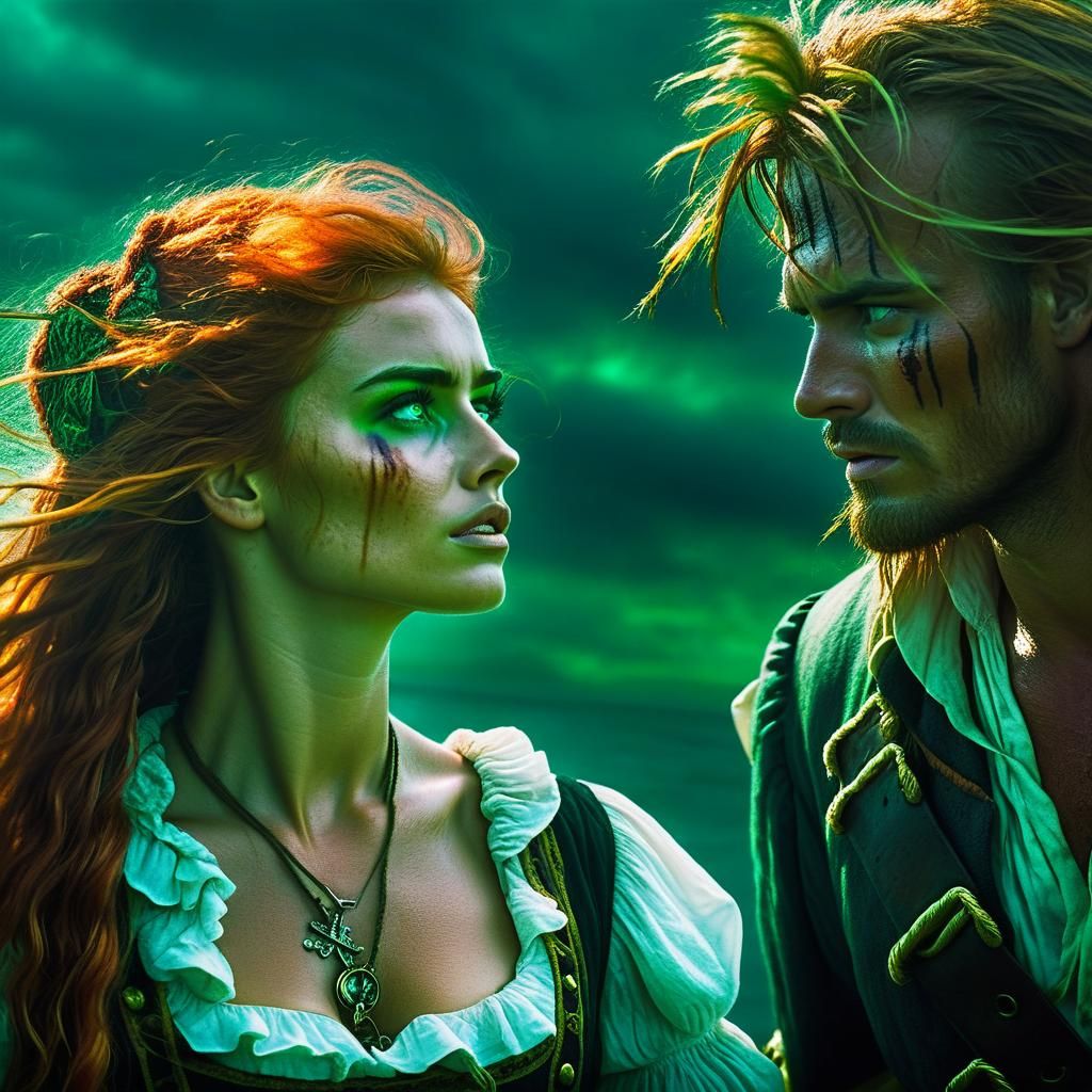 Pirate Captain's Fiery Embrace: A Cinematic Still