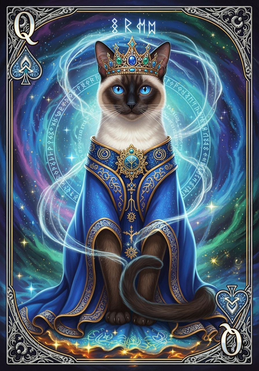 Siamese Cat Queen of Spades in Ornate Detail