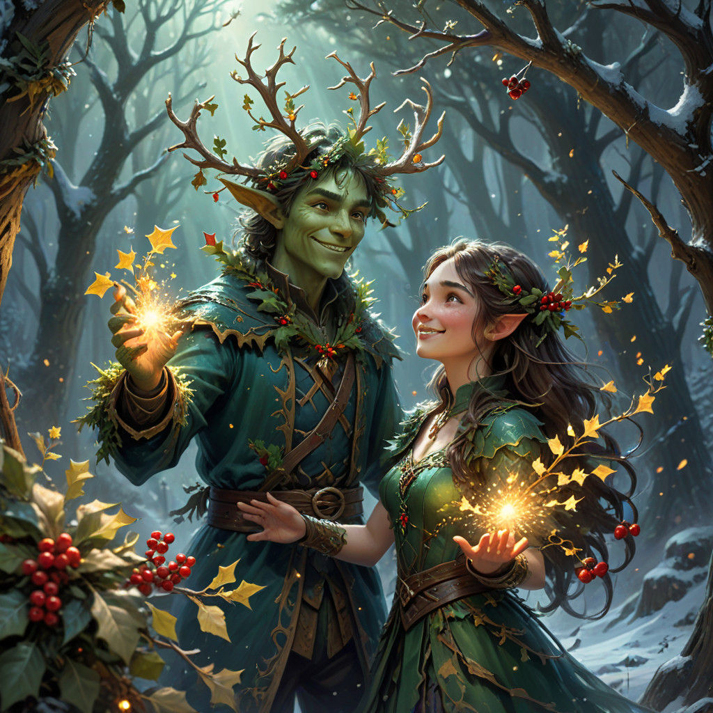 Whimsical Holly Bush Spirits Dance Under Mistletoe in Fantas...