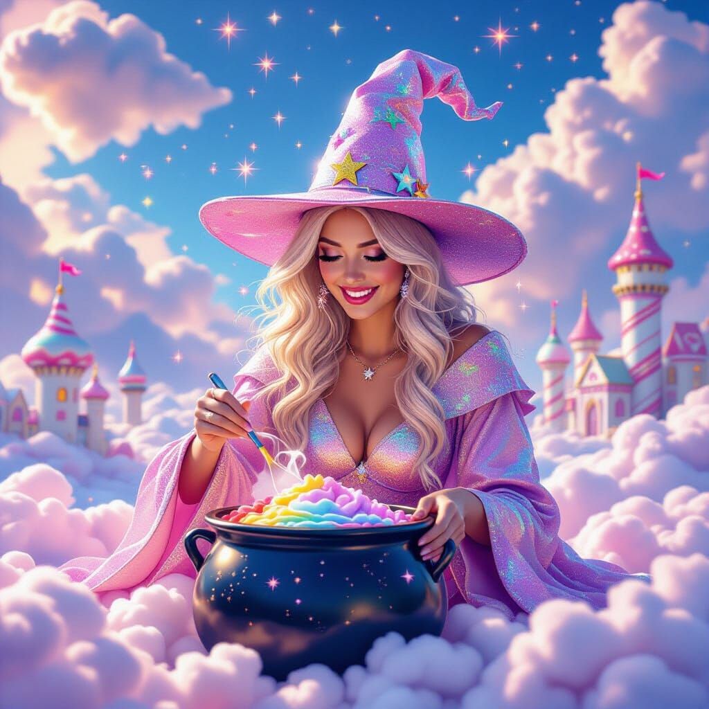 Celestial Candy Witch Stirring Rainbow Sherbet Cauldron
