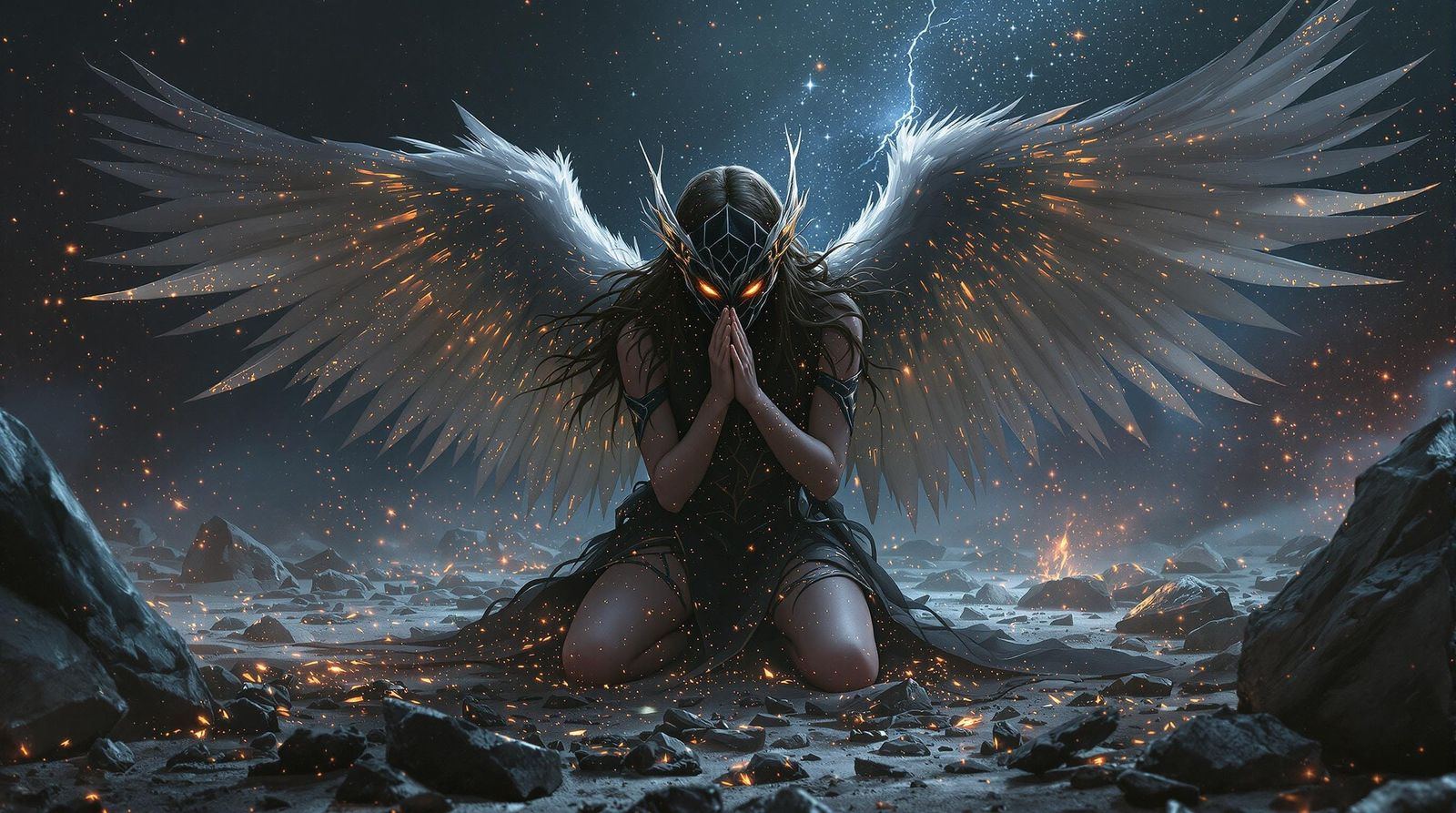 Sorrowful Celestial Warrior Mourns on Shattered Battlefield