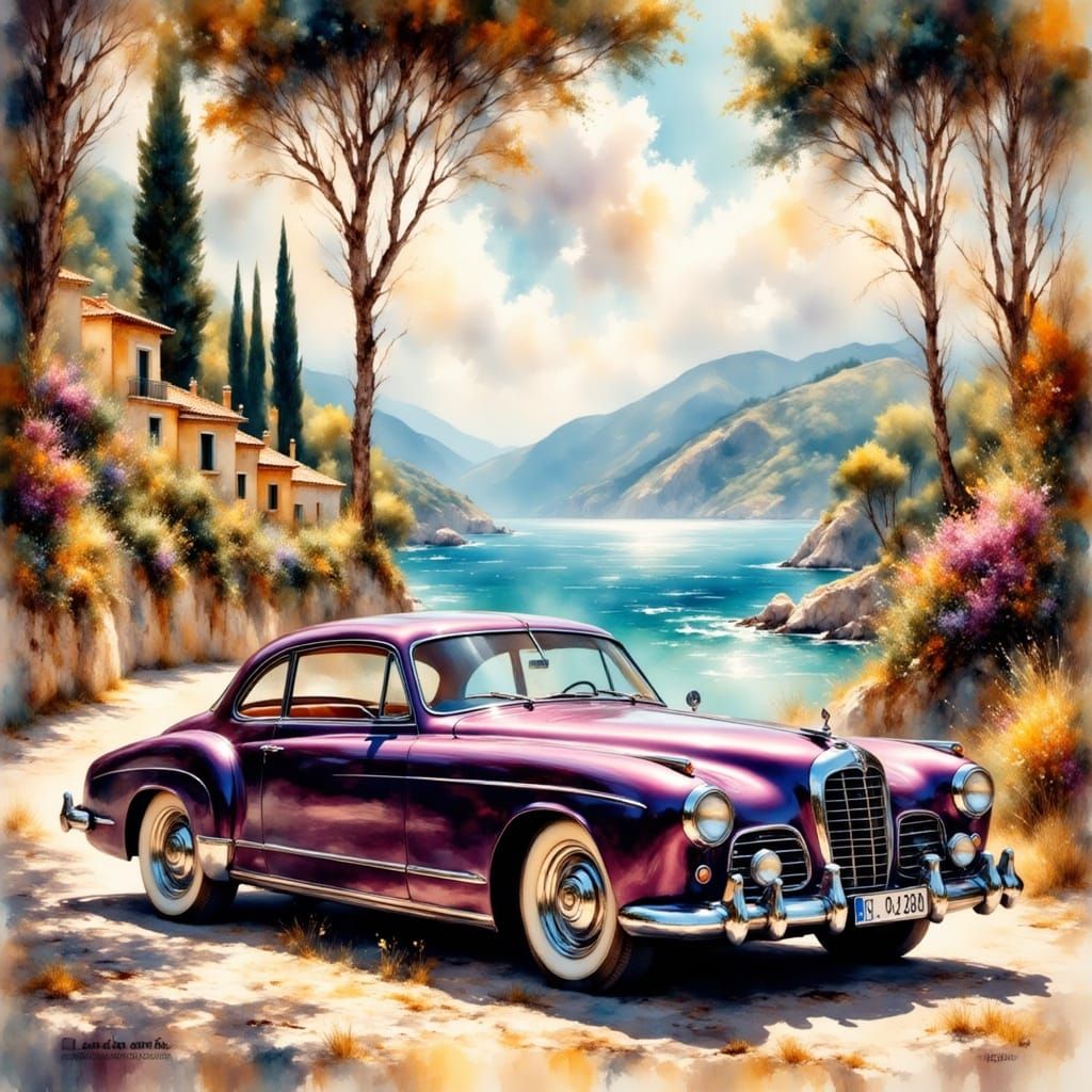 Luxury 1970s Car on Italian Riviera in Digital Painting