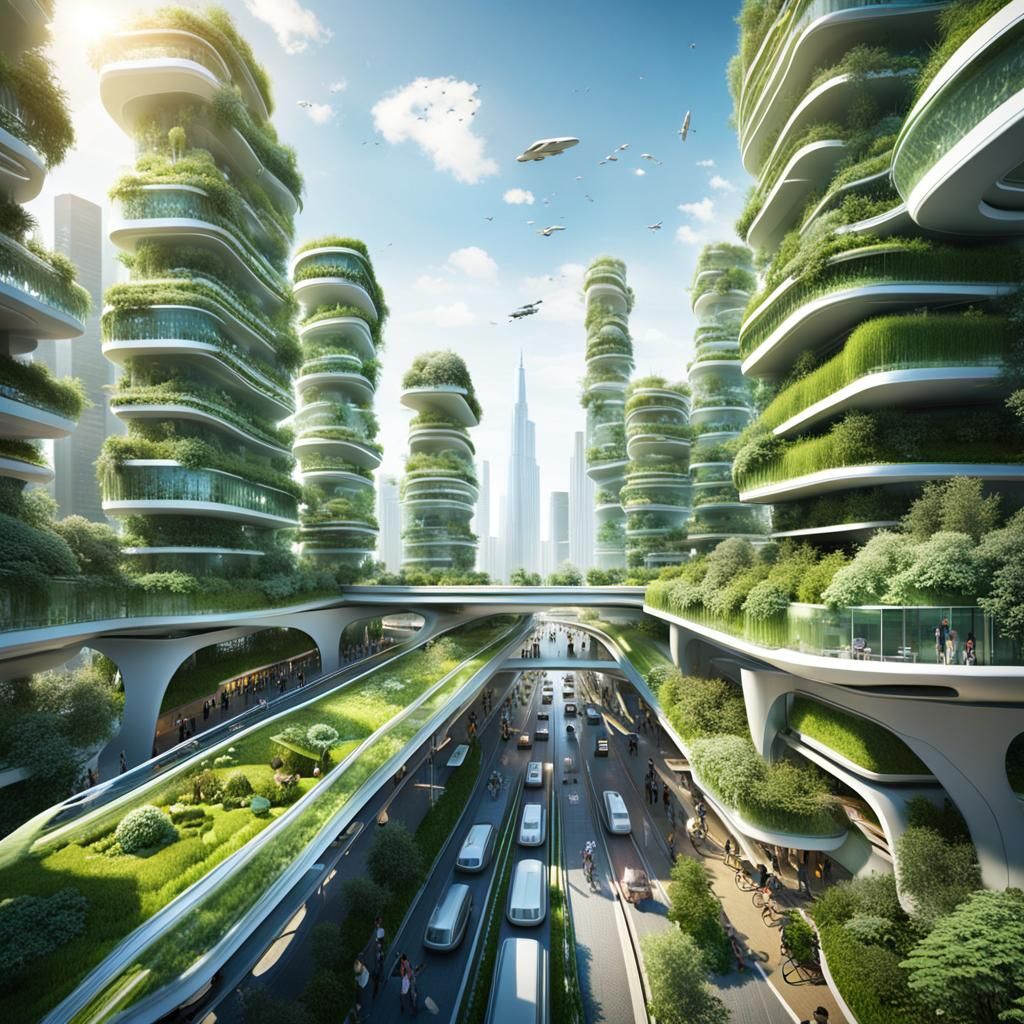 Futuristic Utopian City with Green Skyscrapers