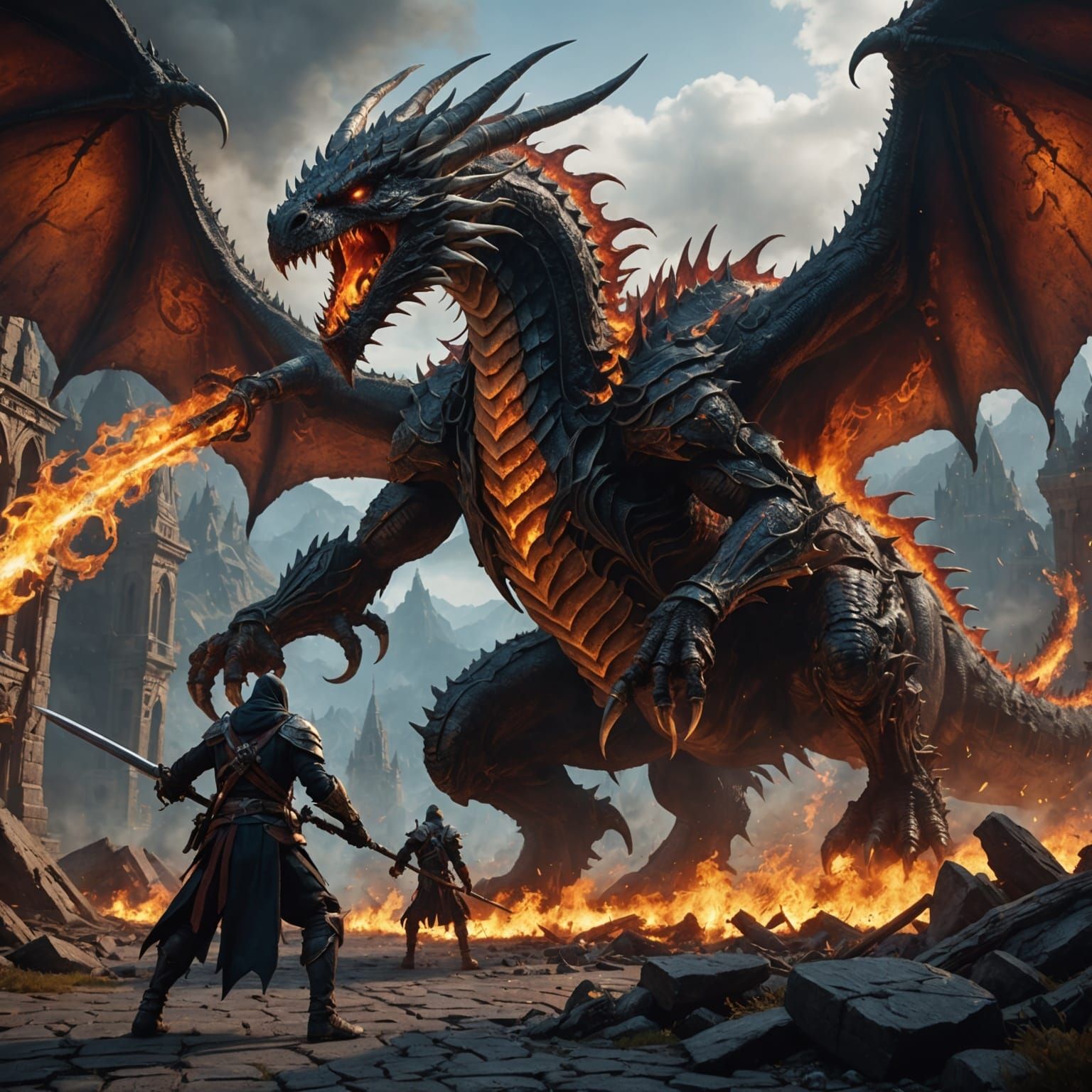 Assassin vs Fire Dragon: Fantasy Concept Art