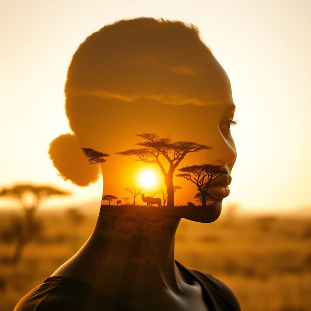 African Woman Portrait with Savanna Double Exposure