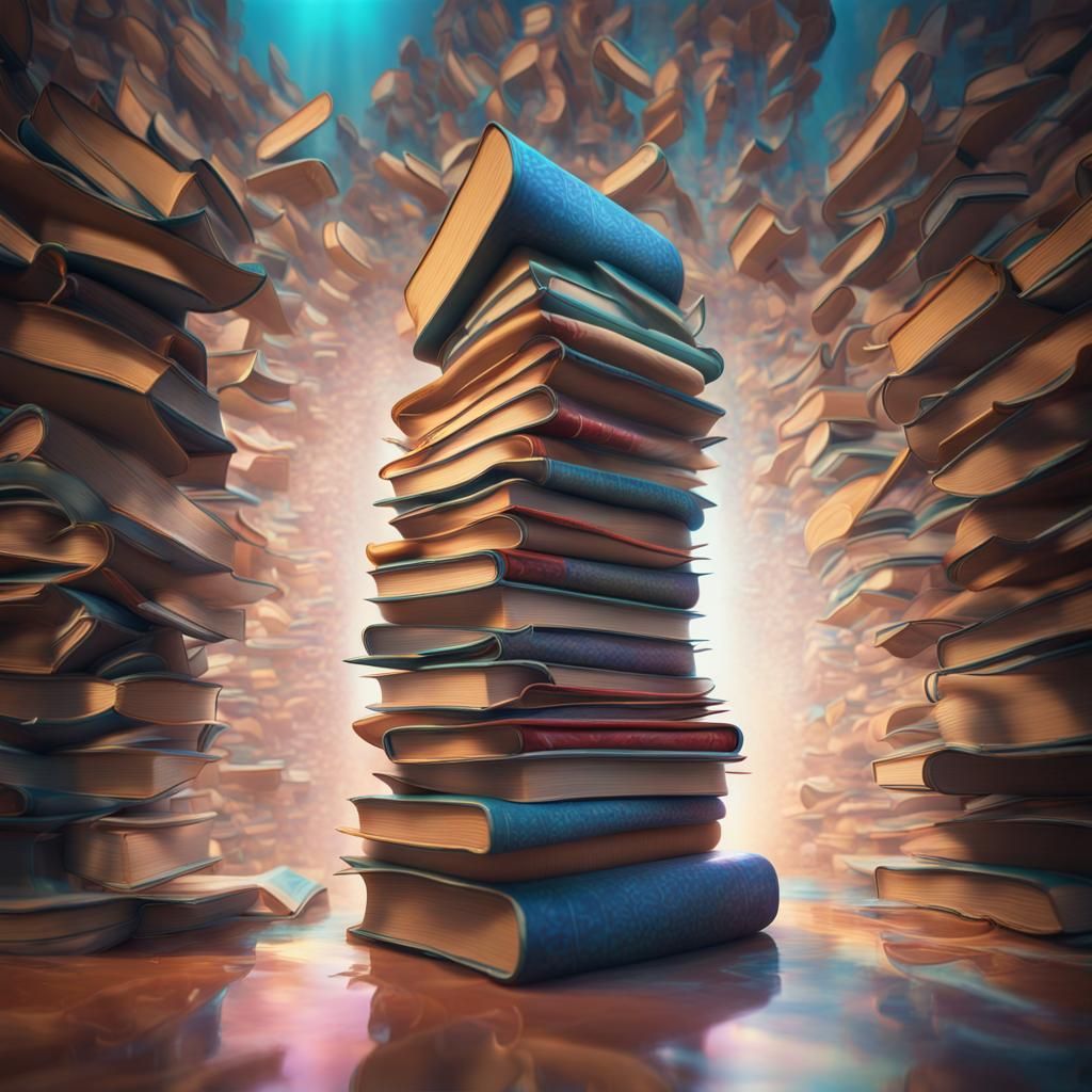 Holographic Tower of Books Collapsing: Surreal Digital Art