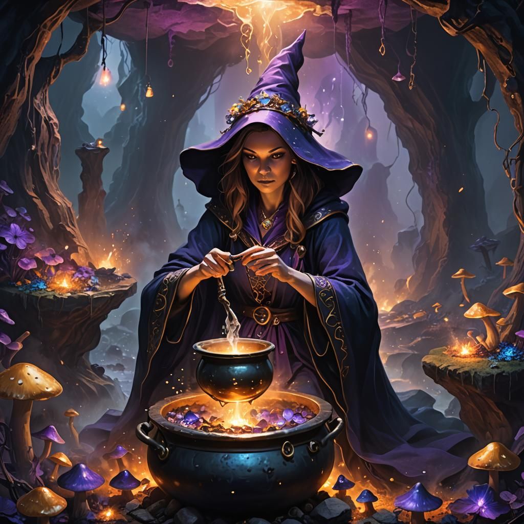 Mystical Witch Stirring Cauldron in Misty Cave