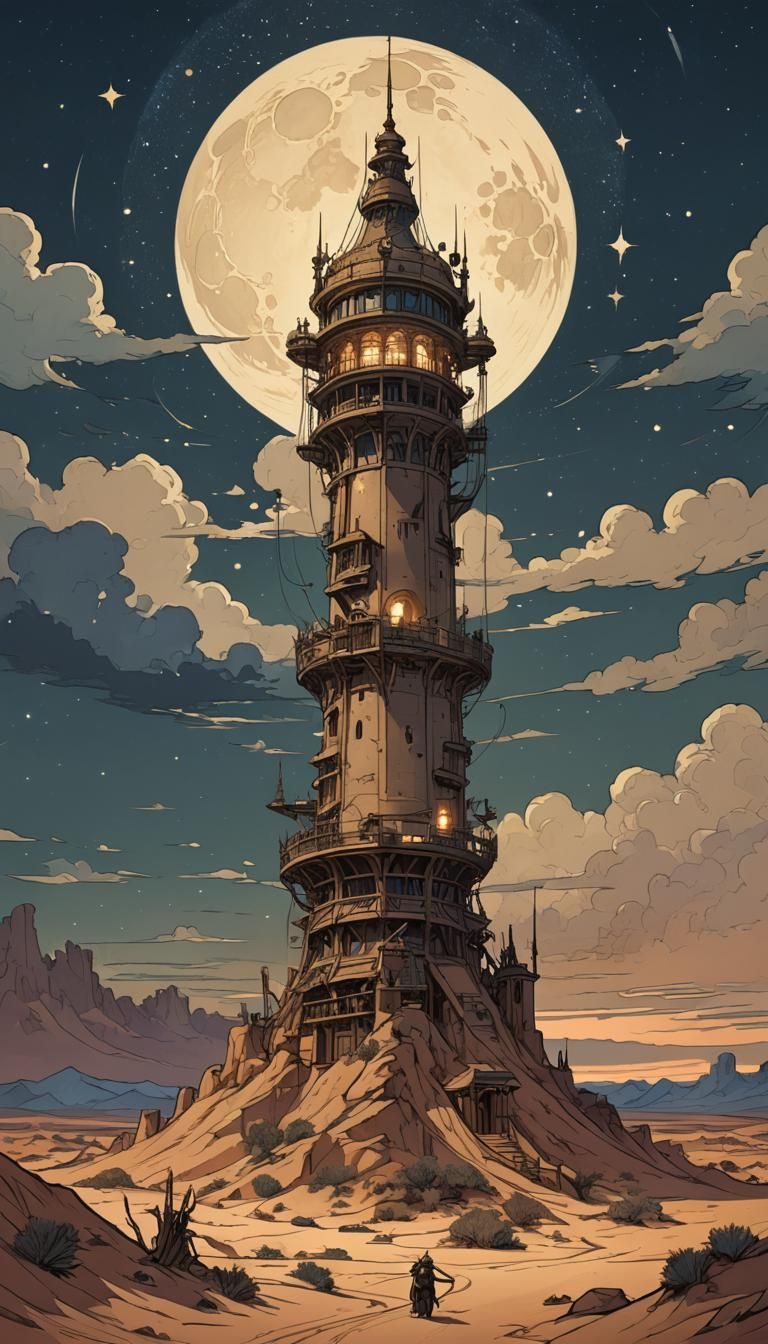 Desert Battle Under Night Sky in Art Nouveau Style