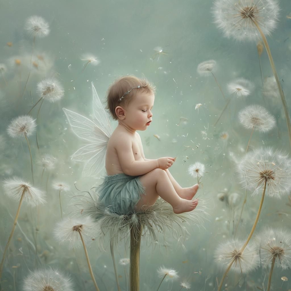 Delicate Baby Fairy in Dandelion, Digital Painting