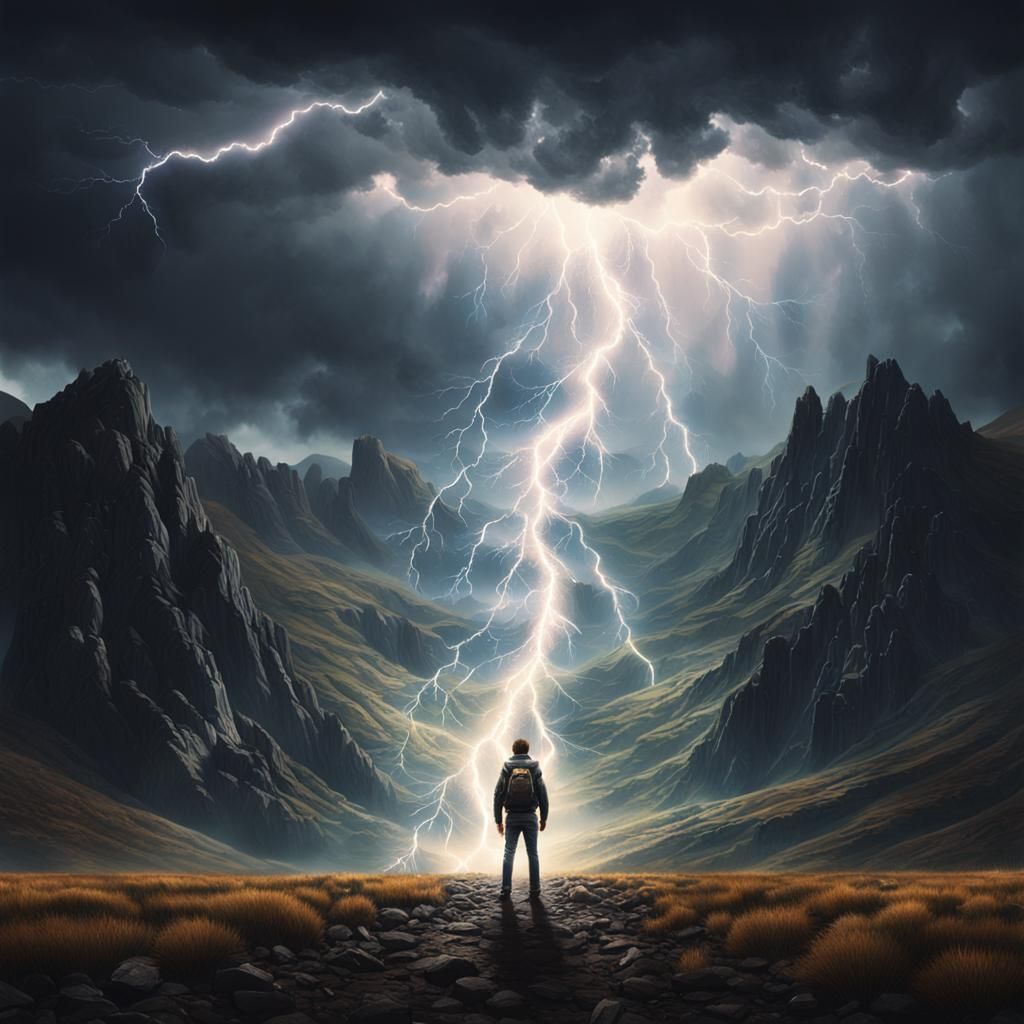 Dramatic Lightning Strikes in Mountainous Field