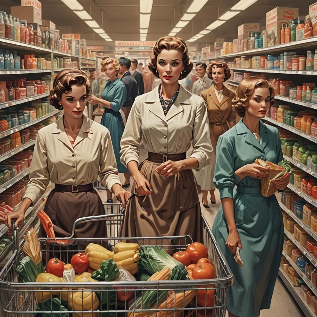 1950s Housewives Shopping, Hyperdetailed Concept Art