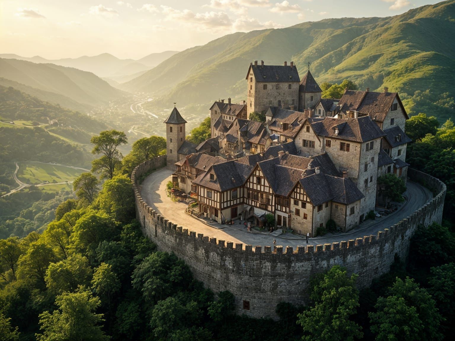 Medieval Fortified Village on Hilltop in Golden Light
