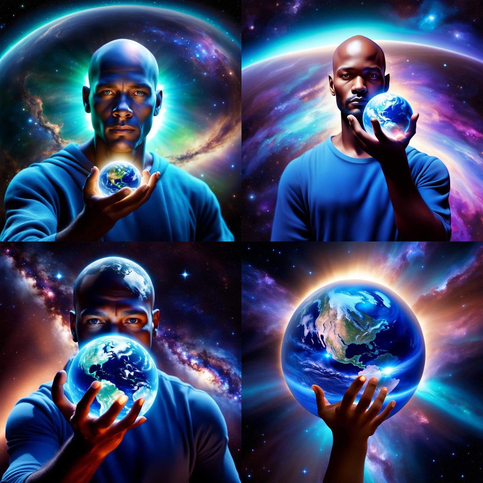 Glowing Earth Held in Hand, Space Background